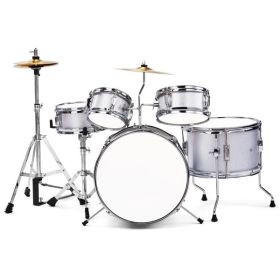 14"x10" 5-Pieces Junior Kids Drum Set Kit Pedal Drum Stick Wrench Drum Stool Silver