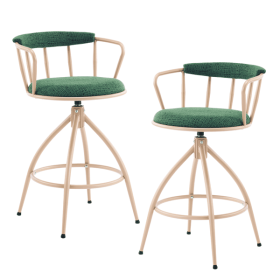 2 Pcs Green Burlap Swivel Bar Stools with Khaki Powder-Coated Metal Legs