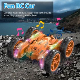 Kid Driving RC Stunt Car 7 Color Strip Light Dynamic Music Swing Arm Double-sided Rolling Remote Control Car Off Road 2.4GHz 4WD Rechargeable Rac (Color: Orange)
