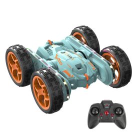 Kid Driving RC Stunt Car 7 Color Strip Light Dynamic Music Swing Arm Double-sided Rolling Remote Control Car Off Road 2.4GHz 4WD Rechargeable Rac (Color: LightBlue)